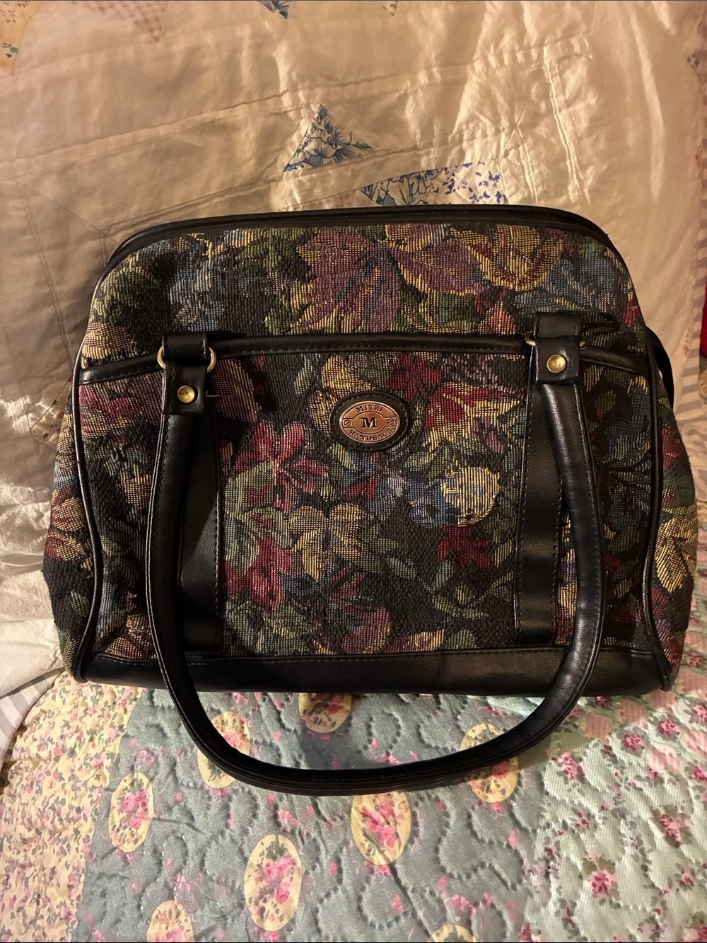 Floral Tapestry Purse with Black Trim and Matching Wallet Never Used